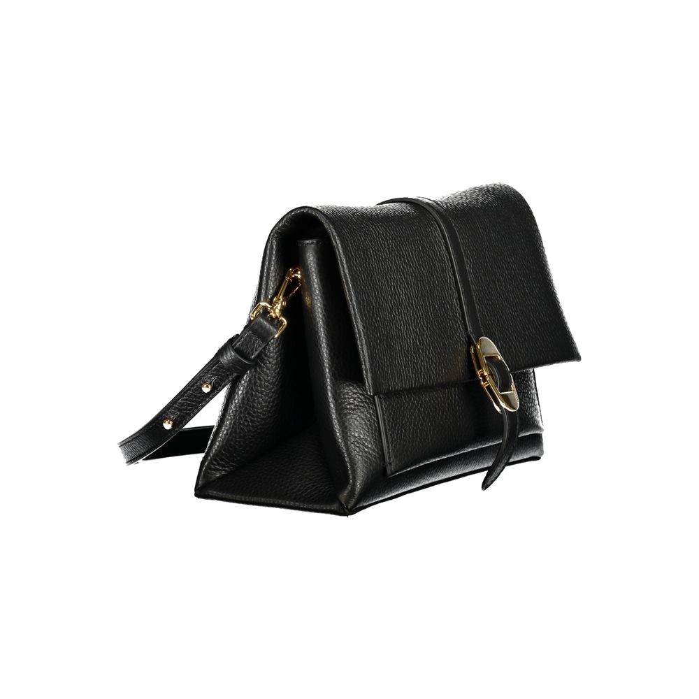 Coccinelle Black Leather Handbag with adjustable strap, magnetic and zip closure, gold accents, and logo. Elegant and stylish for any occasion.