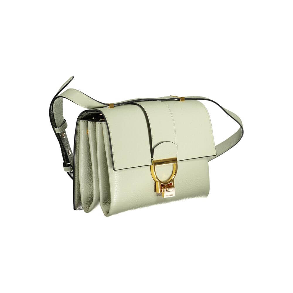 Coccinelle Green Leather Handbag with adjustable shoulder strap, external pocket, compartments, zip closure, and logo detail.