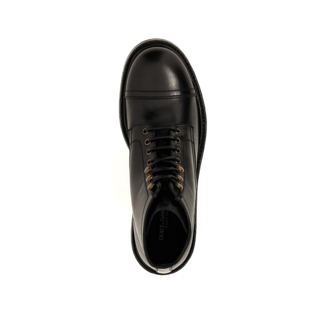 Top view of Dolce & Gabbana Black Calfskin Lace-Up Boots showcasing round toe and leather finish.