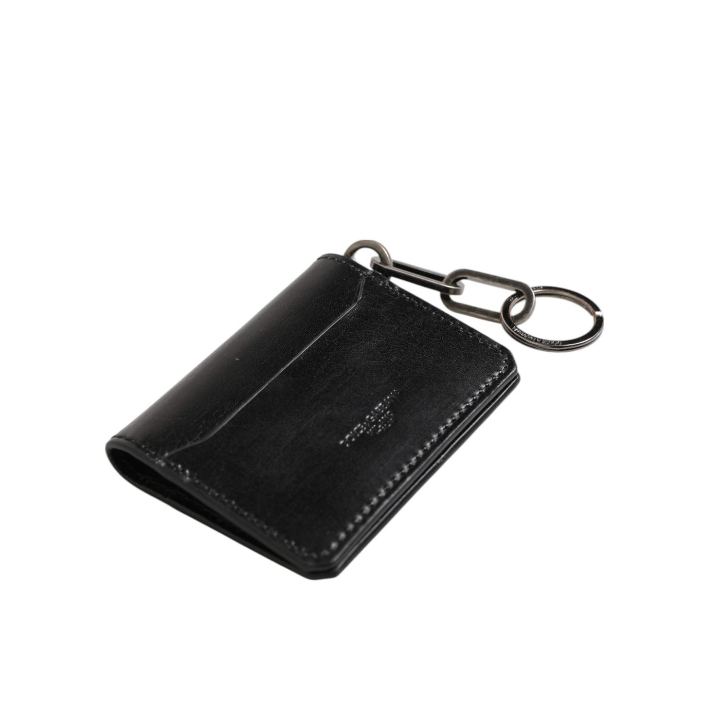 Dolce & Gabbana Black Leather Logo Embossed Key Chain Card Holder Wallet SMY11294