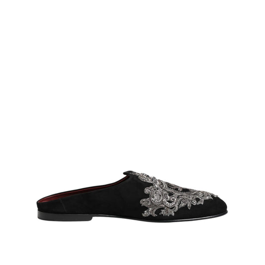 Dolce & Gabbana Black Velvet Slides DG Crown Slipper Shoes