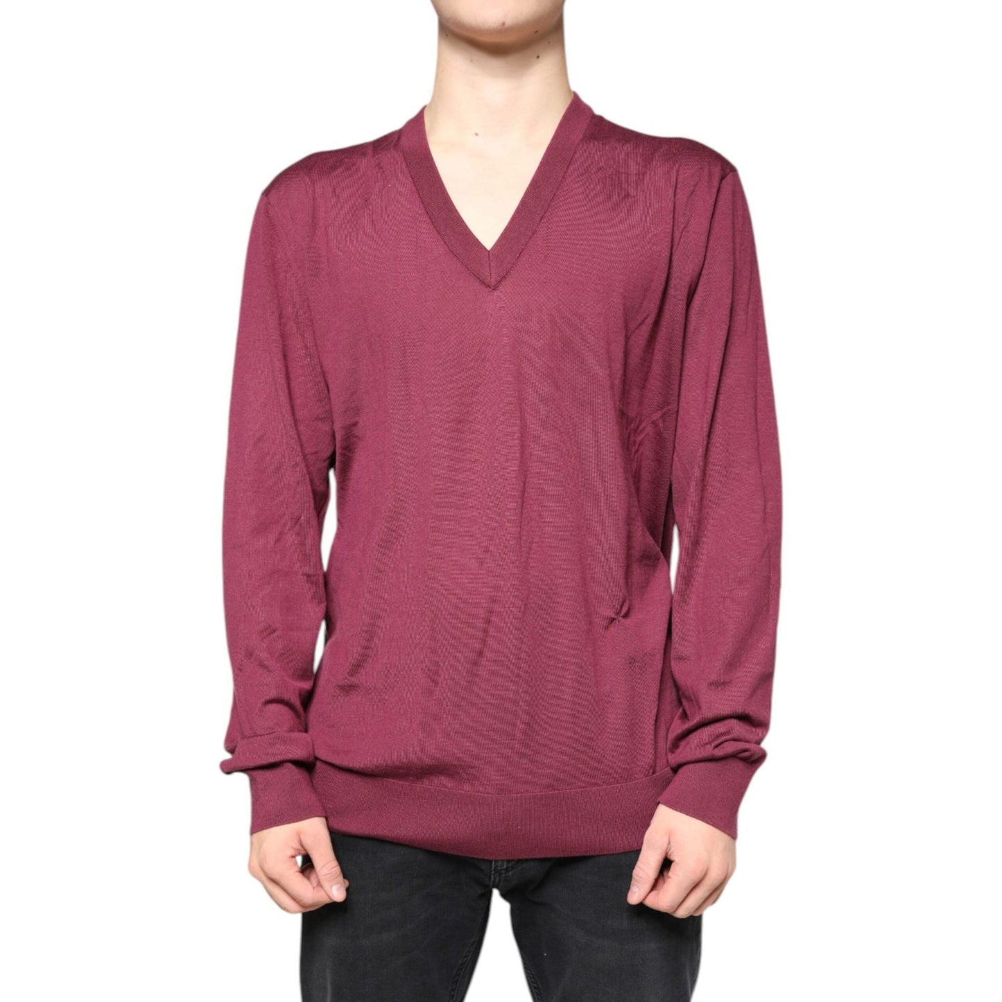 Dolce & Gabbana Maroon Cashmere V-neck Men Pullover Sweater TSH87068-54