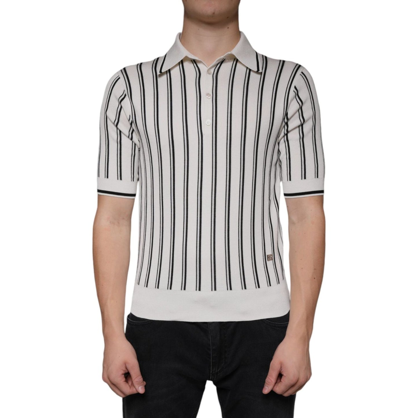 Dolce & Gabbana White Black Stripe Polo Short Sleeve T-shirt TSH86277-44