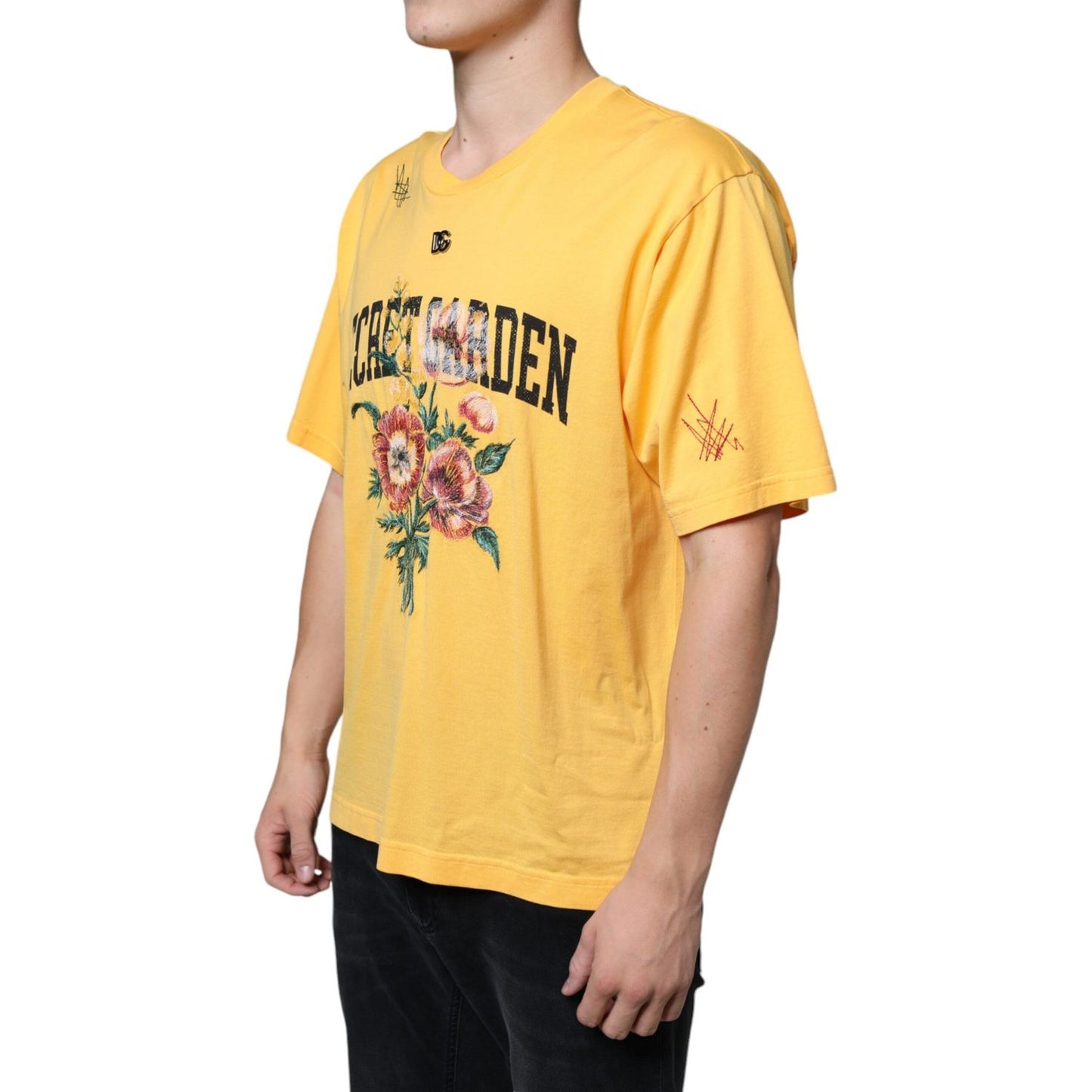 Dolce & Gabbana Yellow Secret Graden Floral Cotton Crew Neck T-shirt TSH86655-48