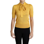 Dolce & Gabbana Dolce & Gabbana Yellow Silk Knit Pullover Ascot Collar Top TSH5713-38 1728,67345645728,Dolce & Gabbana,IT38 | XS,Material: 100% Silk,Preowned / Defect,Tops & T-Shirts - Women - Clothing,Women,Yellow