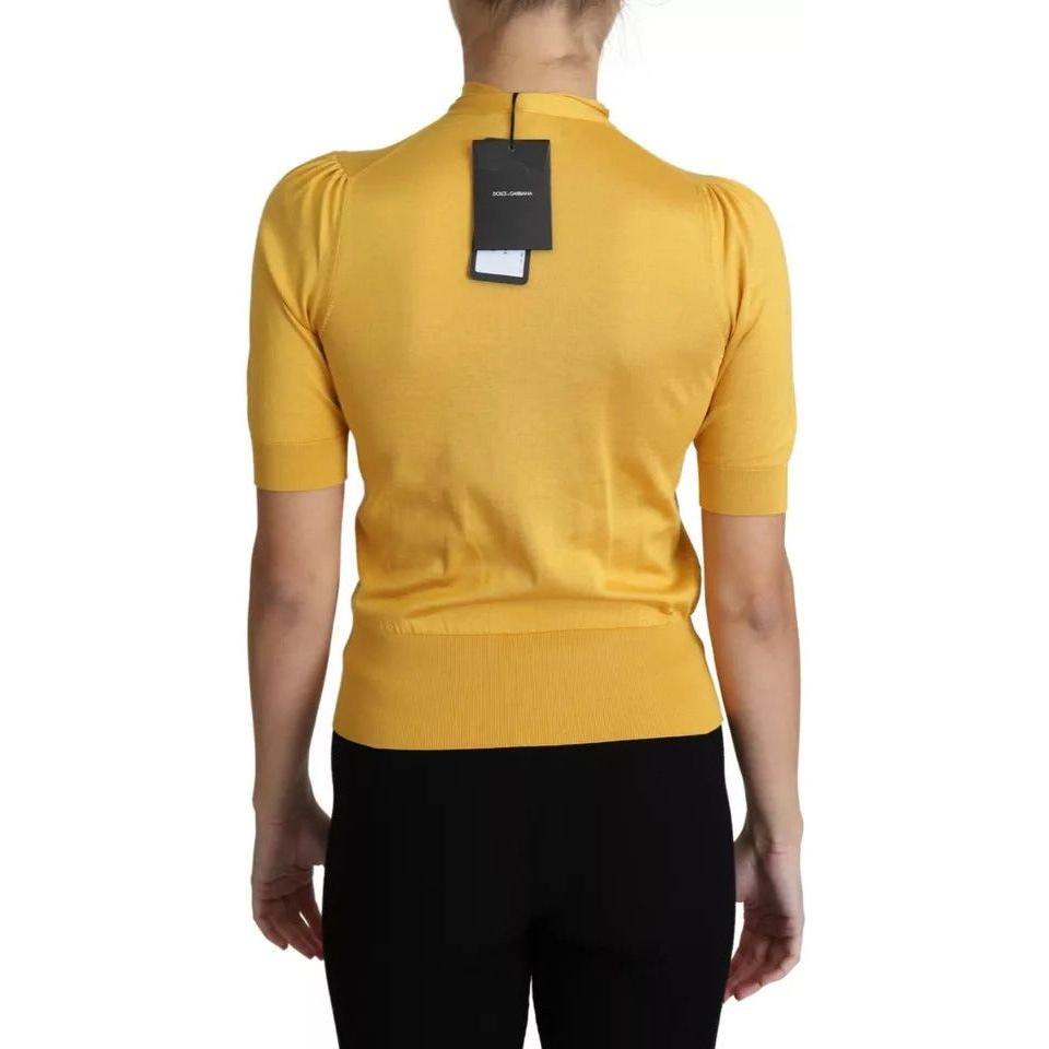 Dolce & Gabbana Dolce & Gabbana Yellow Silk Knit Pullover Ascot Collar Top TSH5713-38 1728,67345645728,Dolce & Gabbana,IT38 | XS,Material: 100% Silk,Preowned / Defect,Tops & T-Shirts - Women - Clothing,Women,Yellow