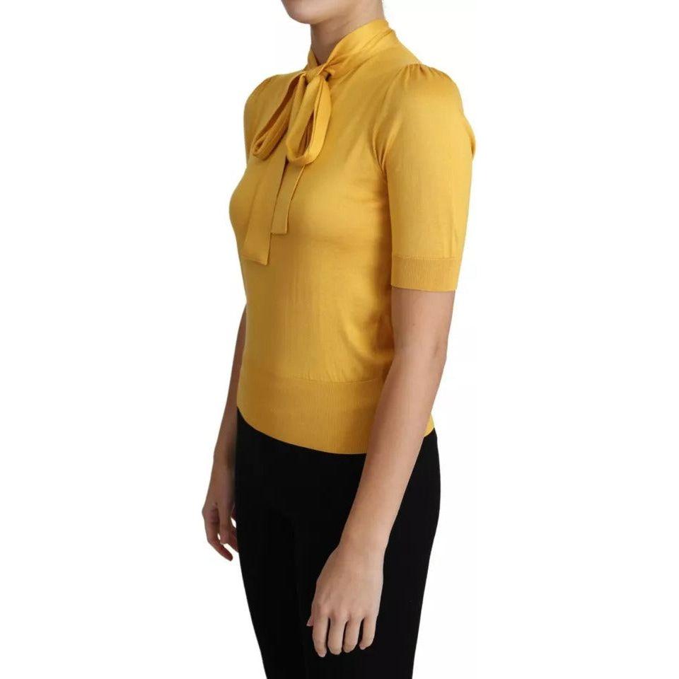 Dolce & Gabbana Dolce & Gabbana Yellow Silk Knit Pullover Ascot Collar Top TSH5713-38 1728,67345645728,Dolce & Gabbana,IT38 | XS,Material: 100% Silk,Preowned / Defect,Tops & T-Shirts - Women - Clothing,Women,Yellow