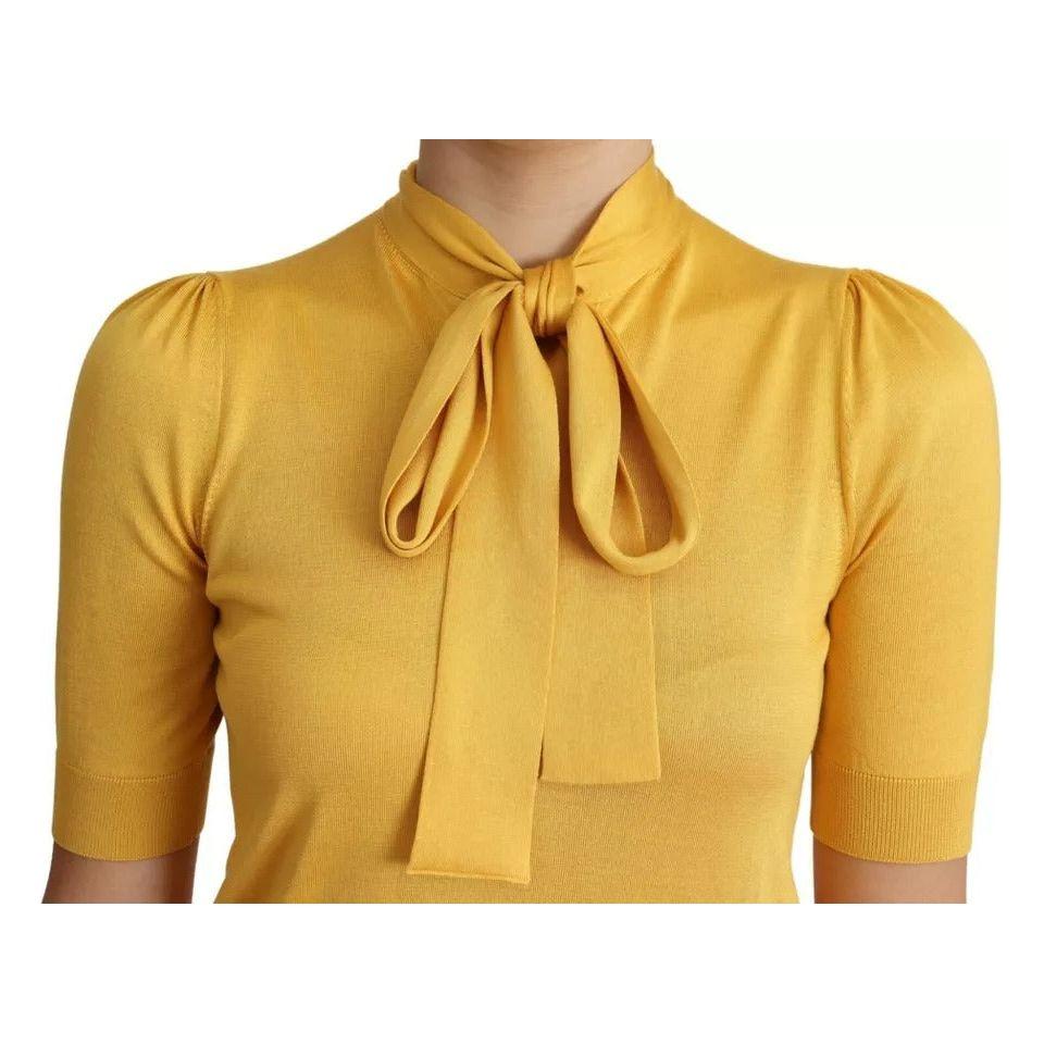Dolce & Gabbana Dolce & Gabbana Yellow Silk Knit Pullover Ascot Collar Top TSH5713-38 1728,67345645728,Dolce & Gabbana,IT38 | XS,Material: 100% Silk,Preowned / Defect,Tops & T-Shirts - Women - Clothing,Women,Yellow
