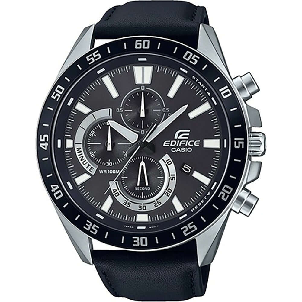 CASIO EDIFICE Mod. STANDARD CHRONO: 50mm stainless steel watch, leather strap, quartz movement, chronograph, date function, water resistant.