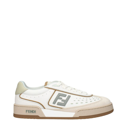 Fendi White Leather Low Top Sneakers with logos and light green accents, featuring lace-up closure and rubber sole.
