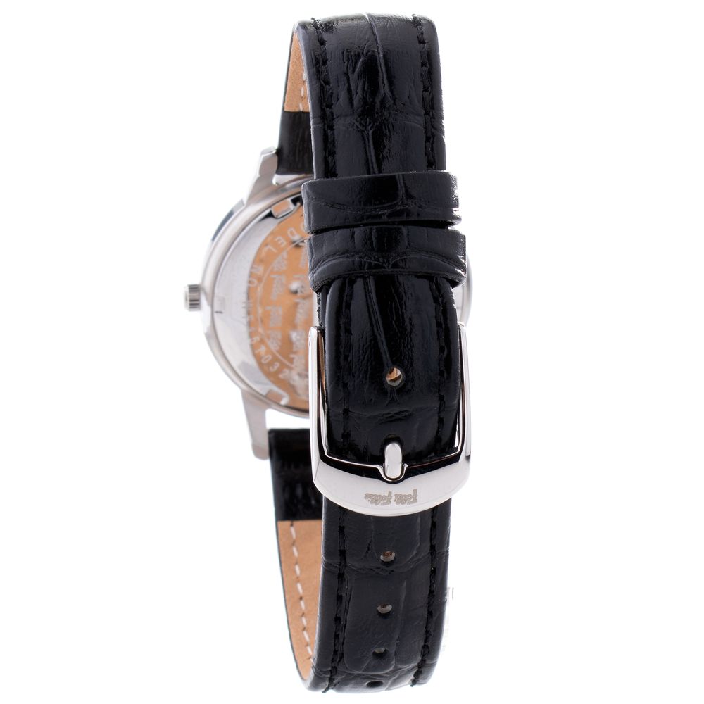 Folli Follie Black Leather Dress Watch with stainless steel silver case, black leather bracelet, white dial, and analog quartz movement.