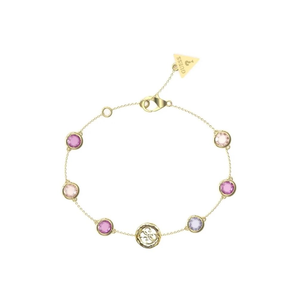 GUESS JEWELS JEWELRY Mod. JUBB05099JWYGFCS featuring a delicate gold bracelet with pink and purple gemstones