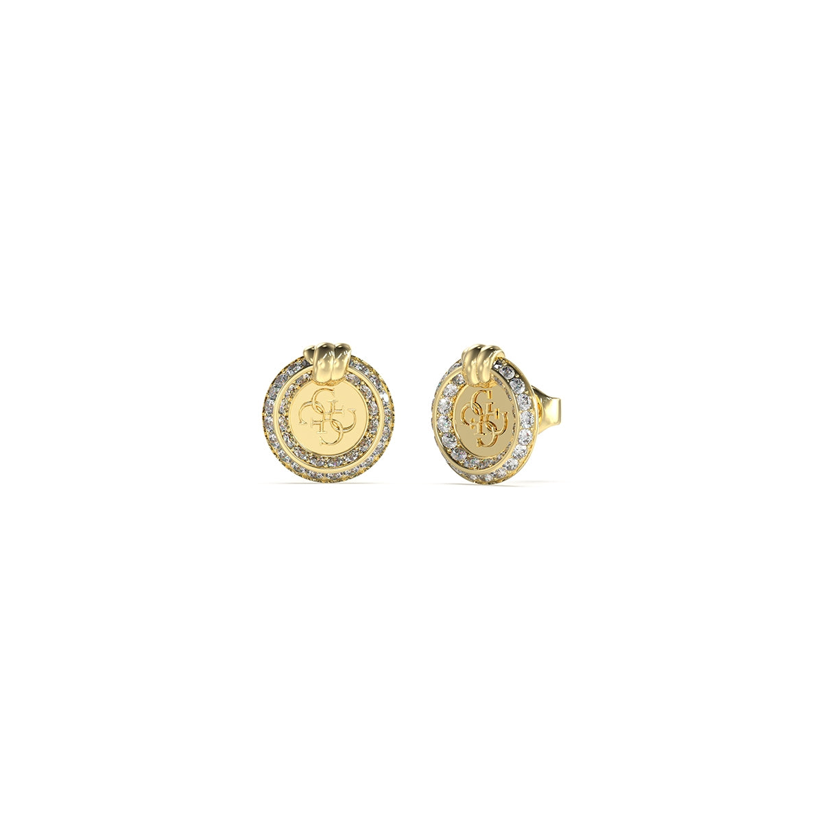 Gold earrings featured in GUESS JEWELS JEWELRY Mod. JUBE04058JWYGT-U collection, detailed with logo and rhinestone accents.
