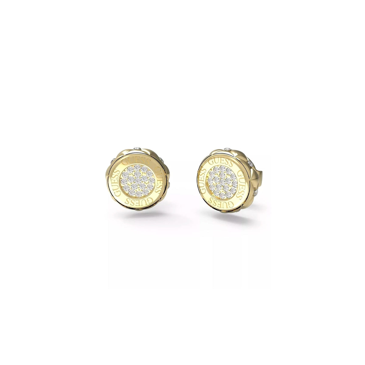 GUESS JEWELS JEWELRY Mod. JUBE04595JWYGT-U gold stud earrings with crystal accents on white background