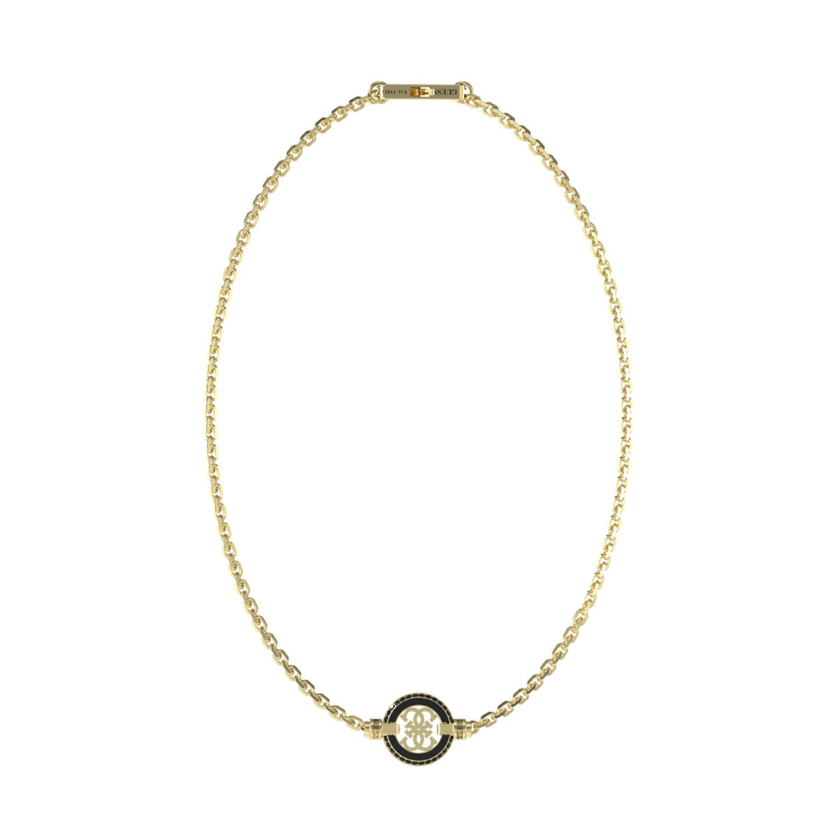 GUESS JEWELS JEWELRY Mod. JUMN04424JWYGBKT-U necklace with gold chain and circular pendant design.