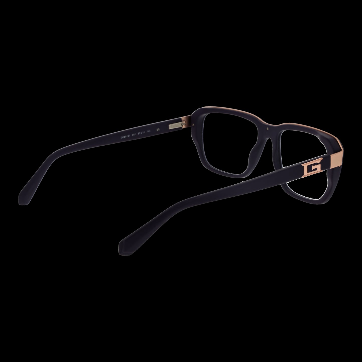 GUESS MOD. GU50137 55082 gent eyewear showcasing stylish design with black frame and branded logo on temples against black background