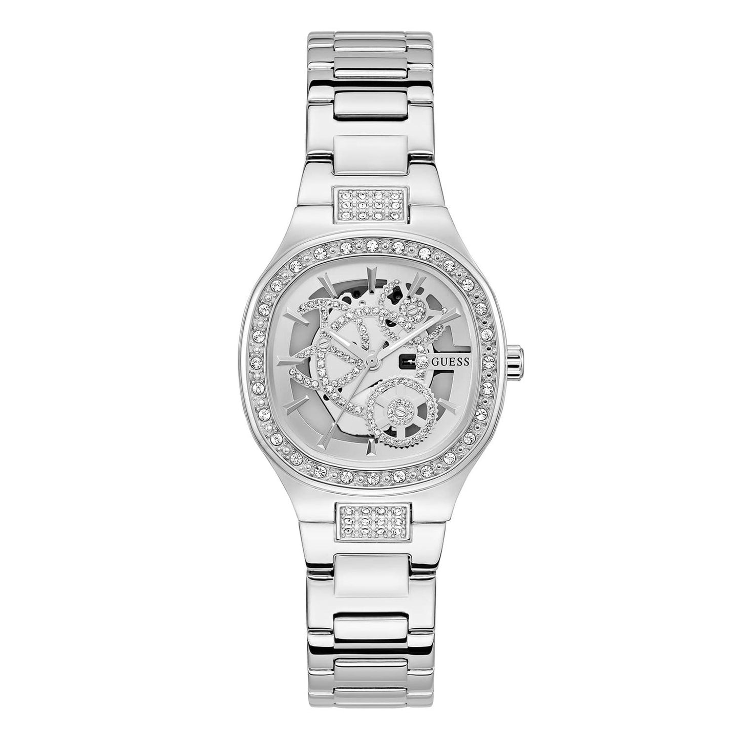 GUESS Mod. ELECTRA silver-tone wristwatch with crystal accents and skeleton dial