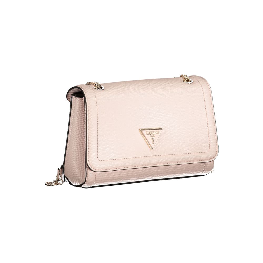 Guess Jeans Pink Polyethylene Handbag with chain shoulder handles and logo snap closure, featuring multiple compartments and pockets.