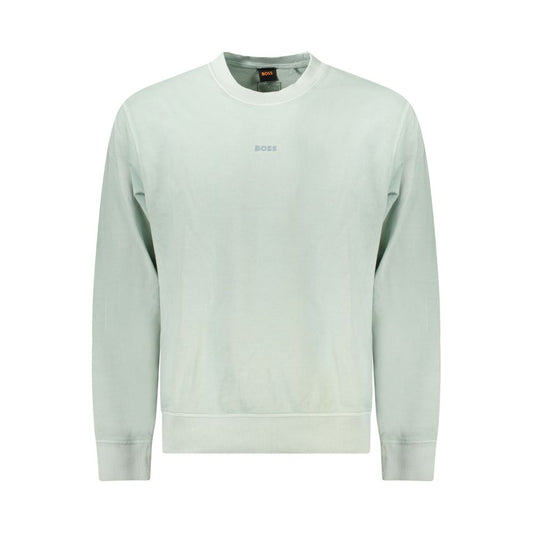 Hugo Boss Green Cotton Men Sweater, crew neck, brushed texture, iconic logo, elegant green hue, comfortable casual wear.
