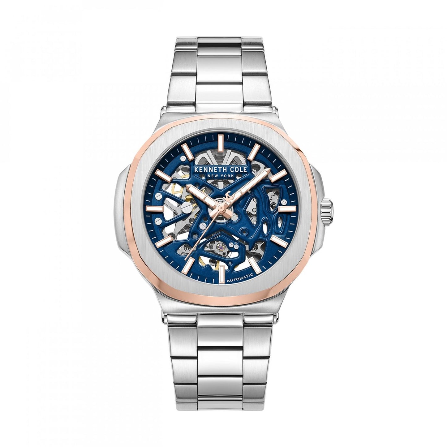 KENNETH COLE WATCHES Mod. KCWGY0080501 with silver metallic strap and blue dial showcasing intricate details.