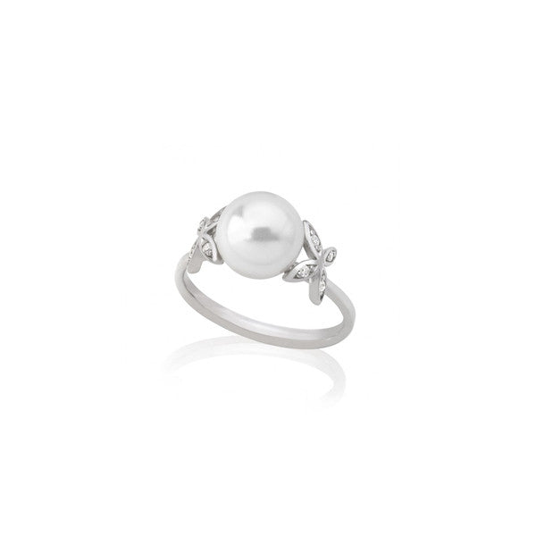 MAJORICA JEWELRY Mod. 16043.01.2.913.010.1 elegant pearl ring with delicate silver band and floral design accents