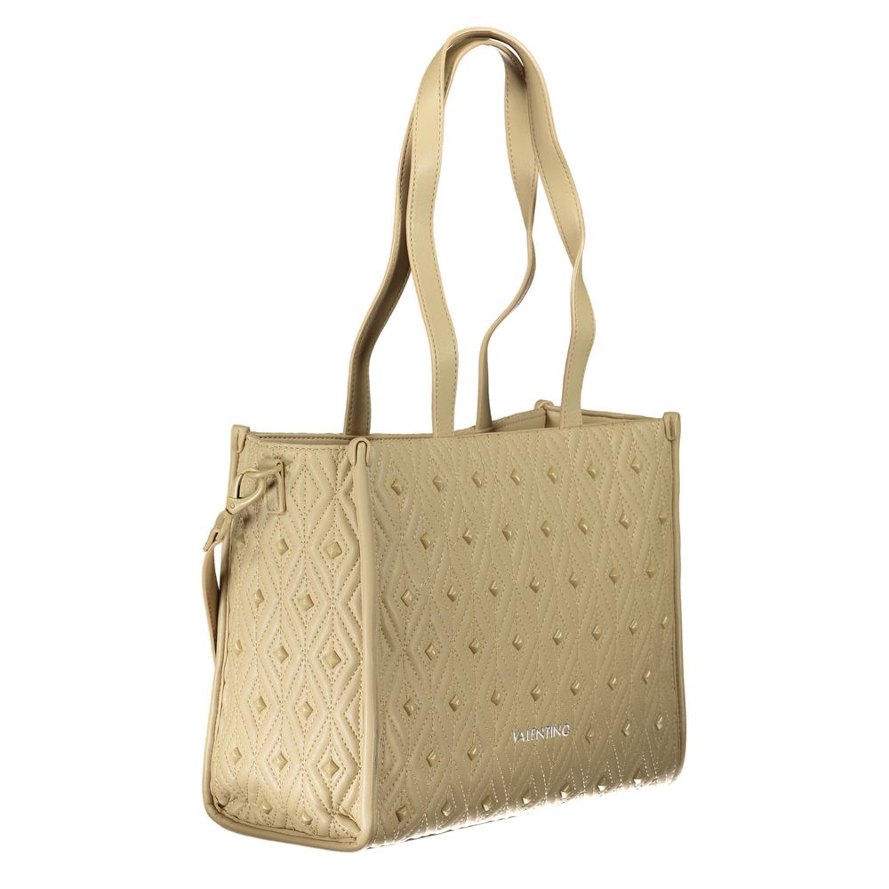 Mario Valentino Beige Polyester Handbag with adjustable strap, zip closure, and logo, featuring internal pockets and contrasting details.