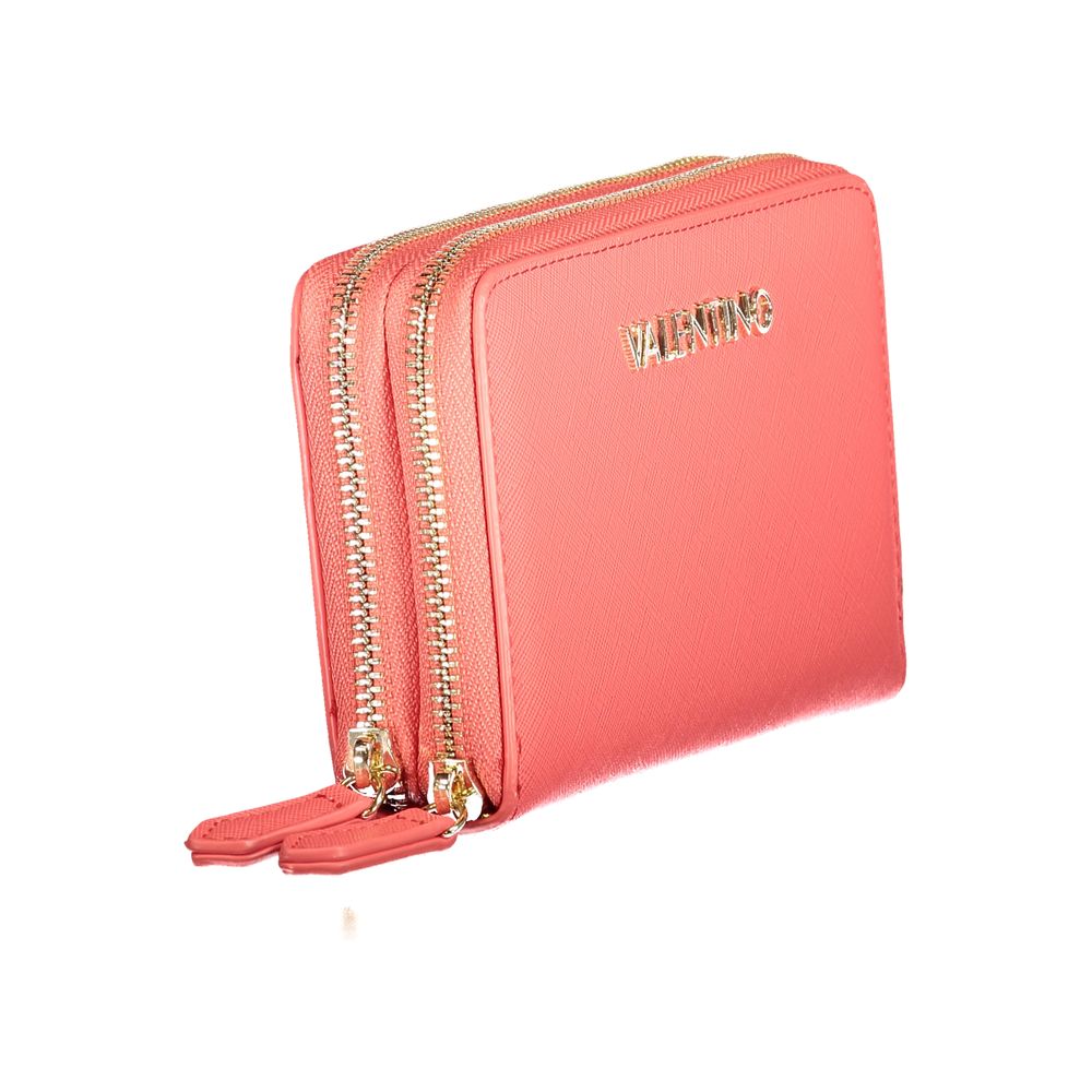 Mario Valentino Pink Polyethylene Wallet with double compartments, coin purse, card spaces, zip closure, and logo detail.