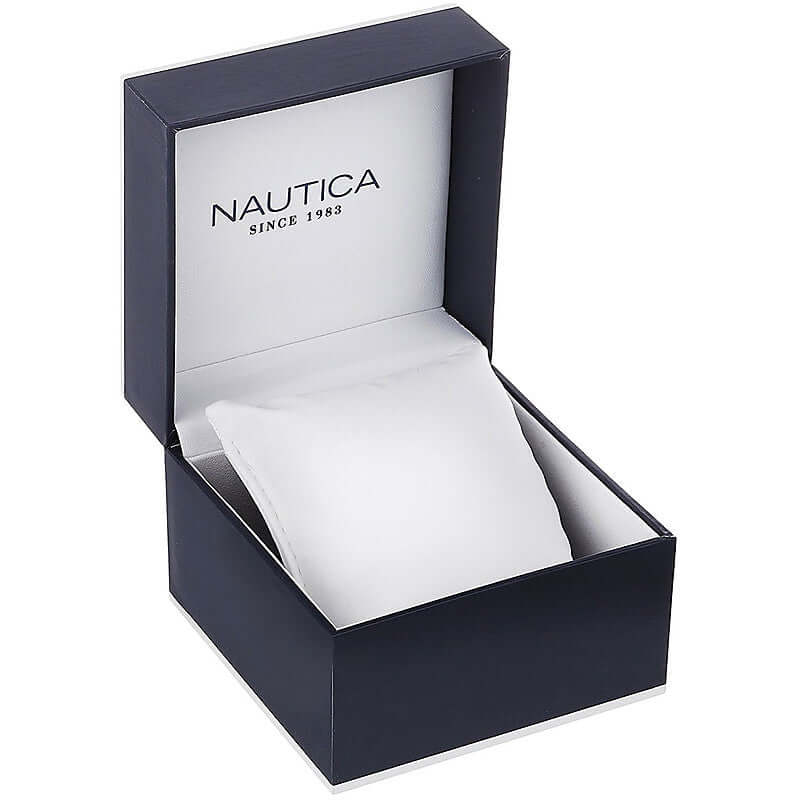 Official box packaging of NAUTICA Mod. NAPATS303 watch for gents with quartz movement and 5 ATM water resistance.