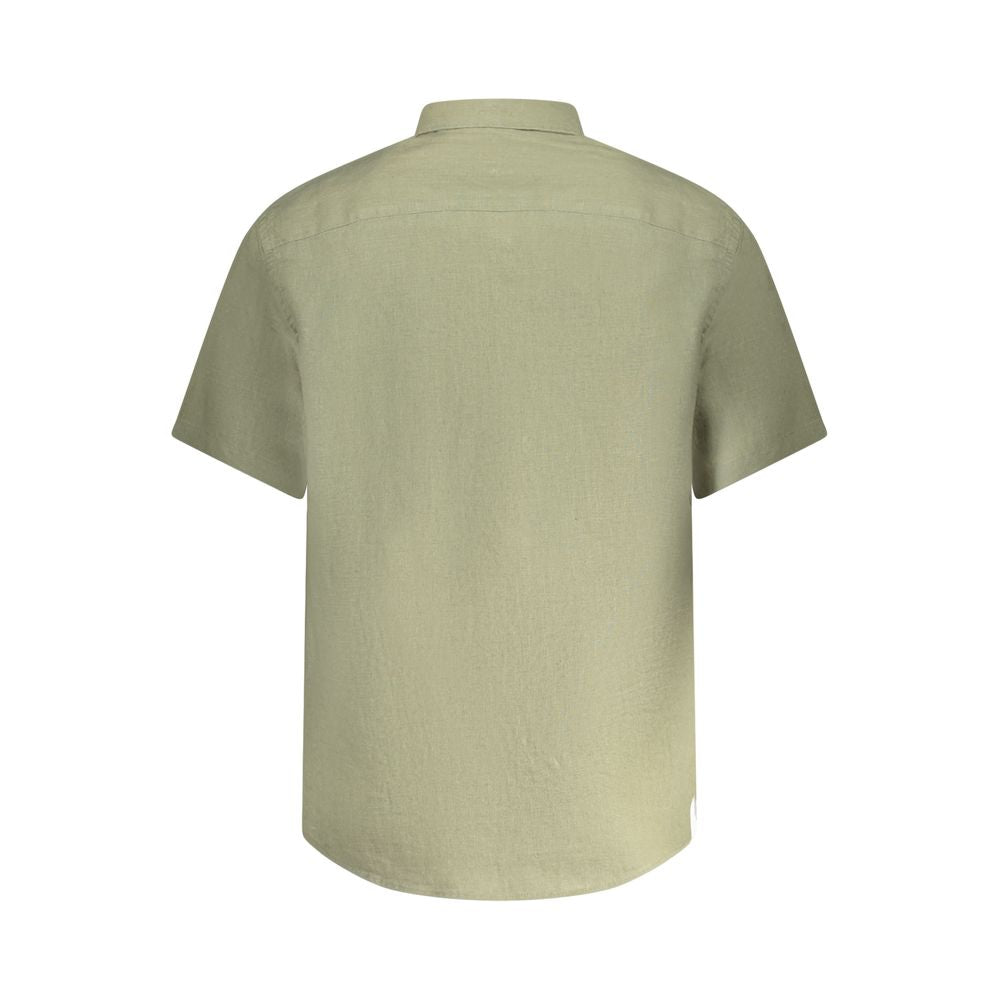 Back view of North Sails Green Linen Shirt with short sleeves and Italian collar, featuring buttons and logo embroidery.