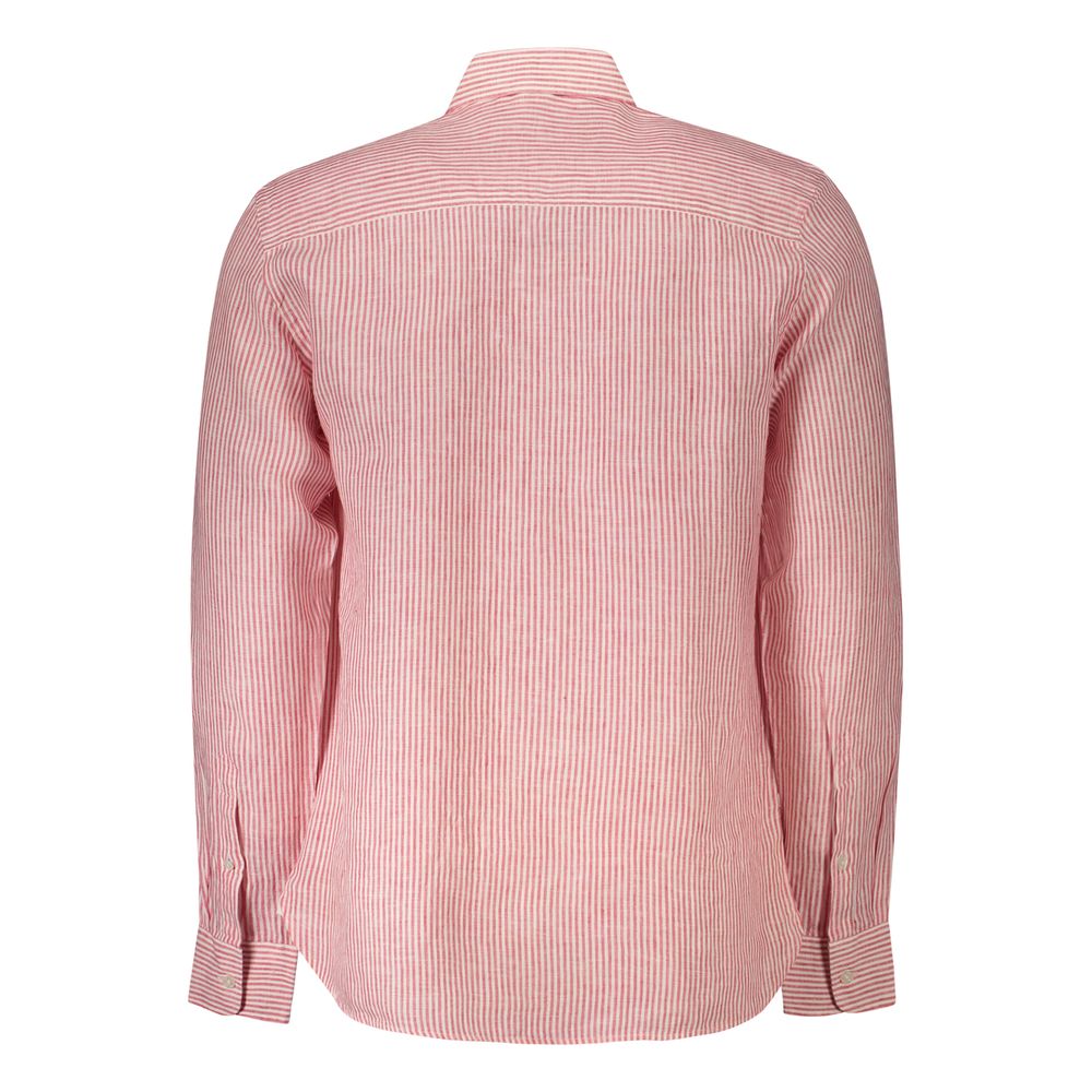 Back view of North Sails Red Linen Shirt with long sleeves, striped pattern, French collar, and embroidered logo for Ocean Positive.