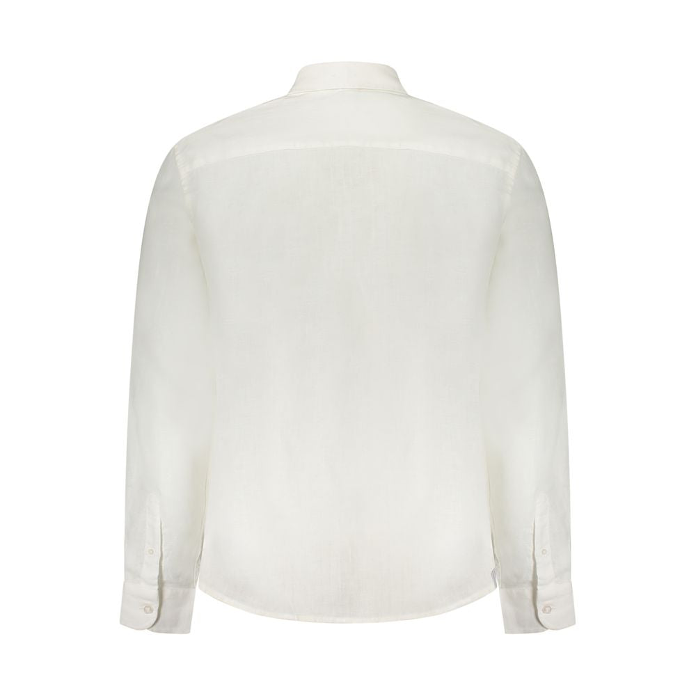 Back view of a North Sails White Linen Shirt featuring long sleeves, Italian collar, and one button cuffs.