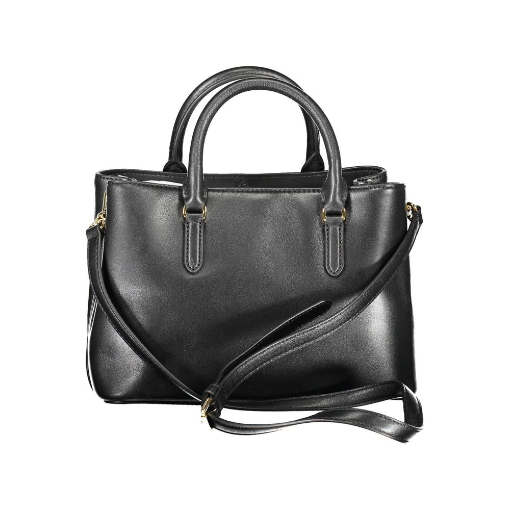 Ralph Lauren Black Leather Handbag with two handles, adjustable strap, multiple compartments, and branded logo detailing.