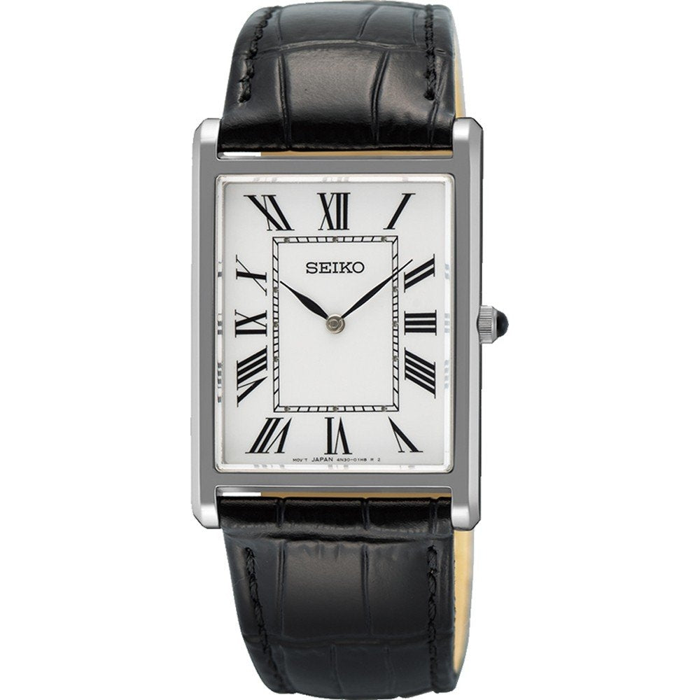 SEIKO WATCHES Mod. SWR103P1 with black leather strap and rectangular face showcasing Roman numerals and silver-tone details.