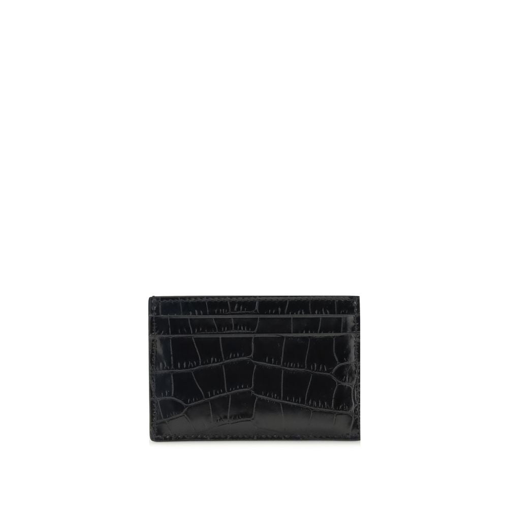 Tom Ford Black Leather Wallet with croco print and gold logo, featuring multiple card slots for a sophisticated look.