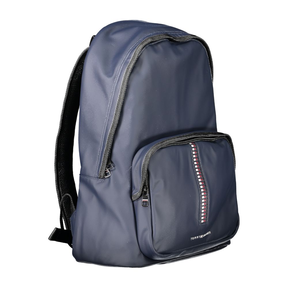 Tommy Hilfiger Blue Polyethylene Backpack with handle, adjustable straps, external pocket, laptop compartment, and logo details.