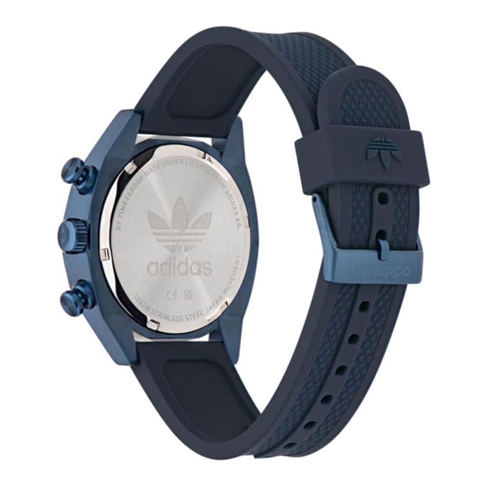 Adidas black synthetic watch with blue stainless steel case and black silicone band, quartz mechanism, analog display, water resistant.