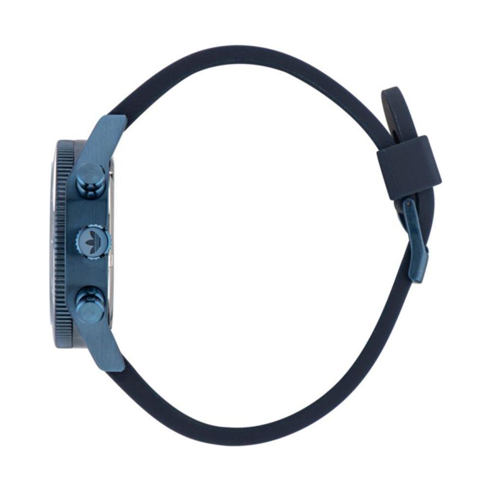 Side view of Adidas Black Synthetic Watch with blue stainless steel case, black silicone strap, and buckle closure.