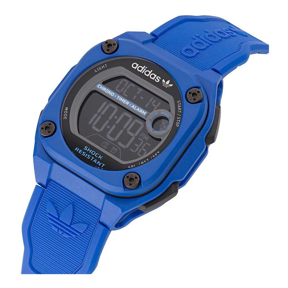 Adidas blue digital quartz watch with black dial, resin case, and silicone strap. Features chronograph, alarm, and shock resistance.