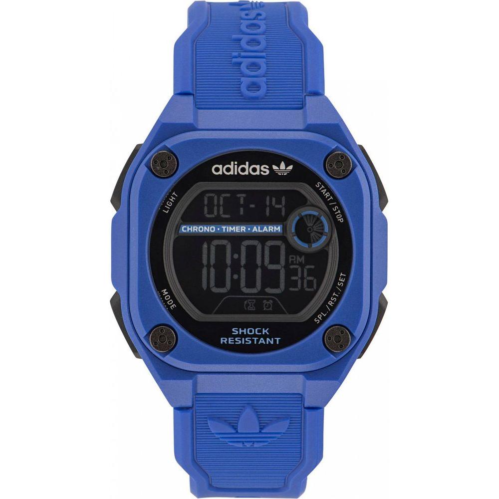 Adidas Blue Synthetic Watch with digital quartz movement, 45mm blue resin case, silicone strap, and features like chronograph and alarm.