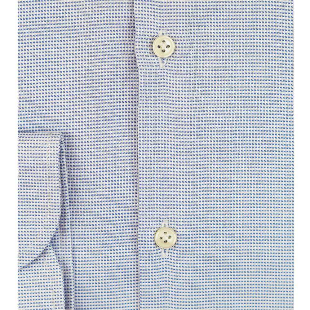 Close-up of Bagutta blue cotton men's shirt with mother-of-pearl buttons and slim fit design, featuring a refined French collar.