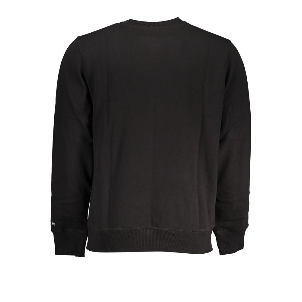Back view of a black Calvin Klein cotton men's sweater with long sleeves and crew neck, showcasing a minimalist design.