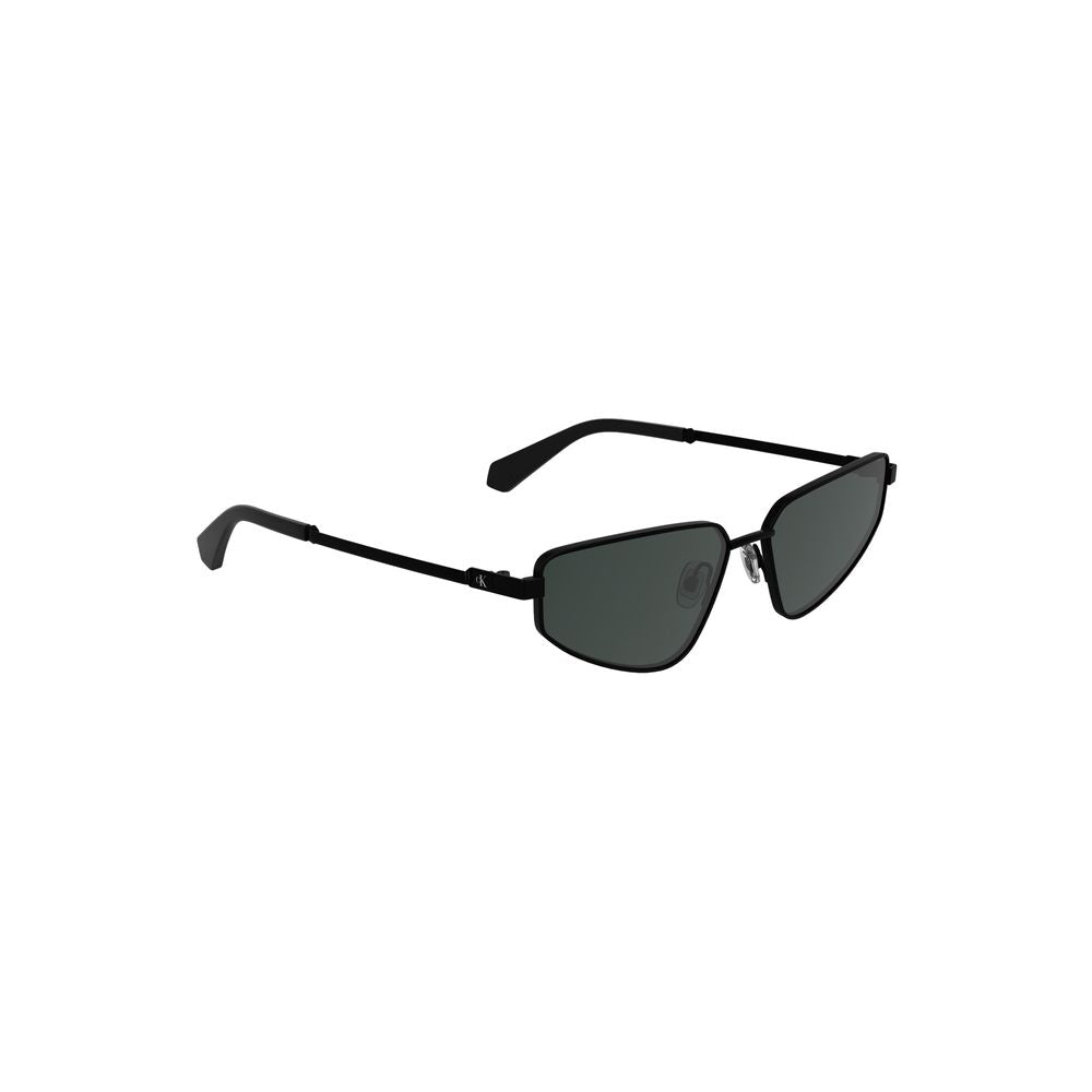 Calvin Klein black metal sunglasses for women with sleek rectangular smoke-tinted lenses and sophisticated design accent.