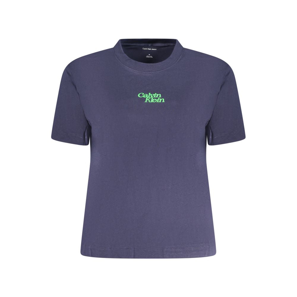 Calvin Klein blue cotton women’s T-shirt with short sleeves and crew neck, featuring a bold logo print. Comfortable and stylish casual wear.