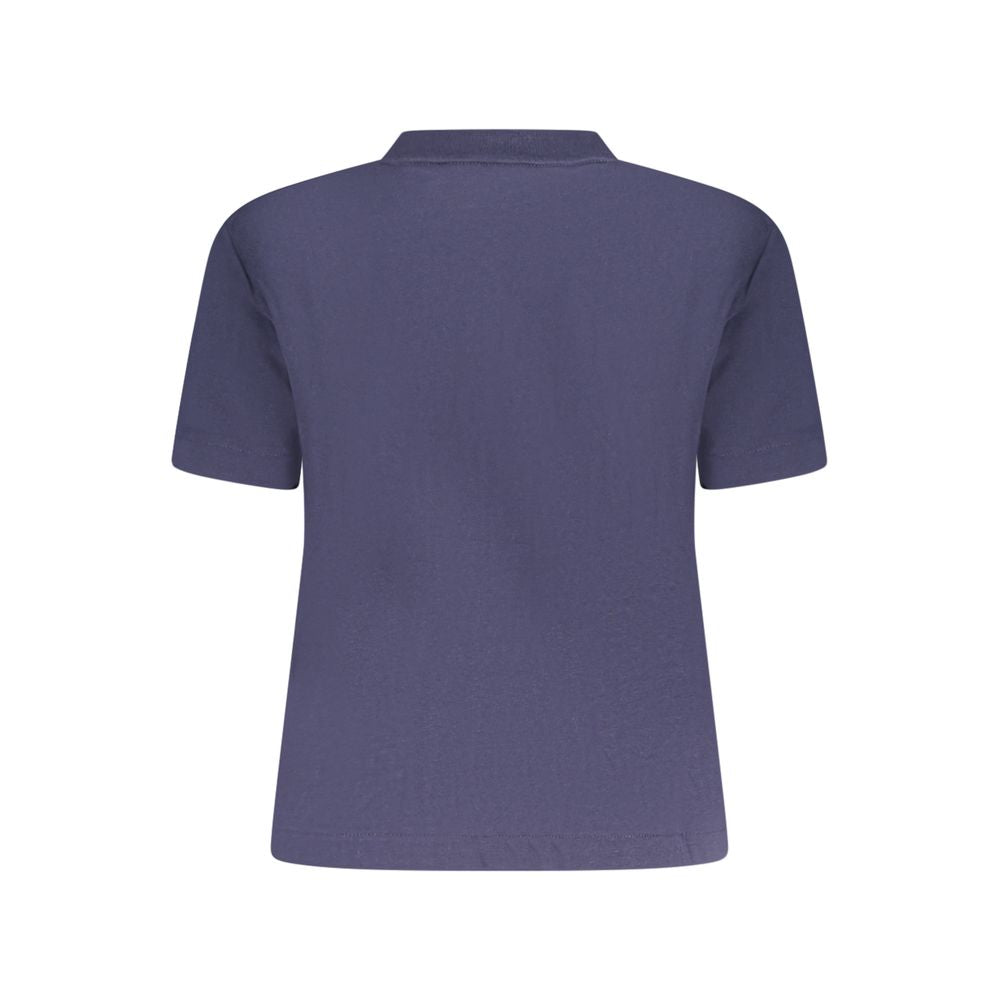 Back view of Calvin Klein blue cotton women's T-shirt with short sleeves and crew neck for casual wear.