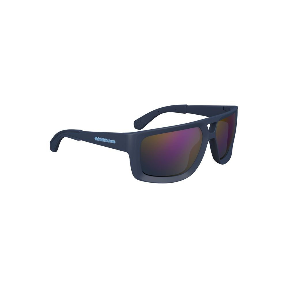 Calvin Klein blue plastic men's sunglasses with square lenses and contrast details, featuring a modern design and sleek sophistication.