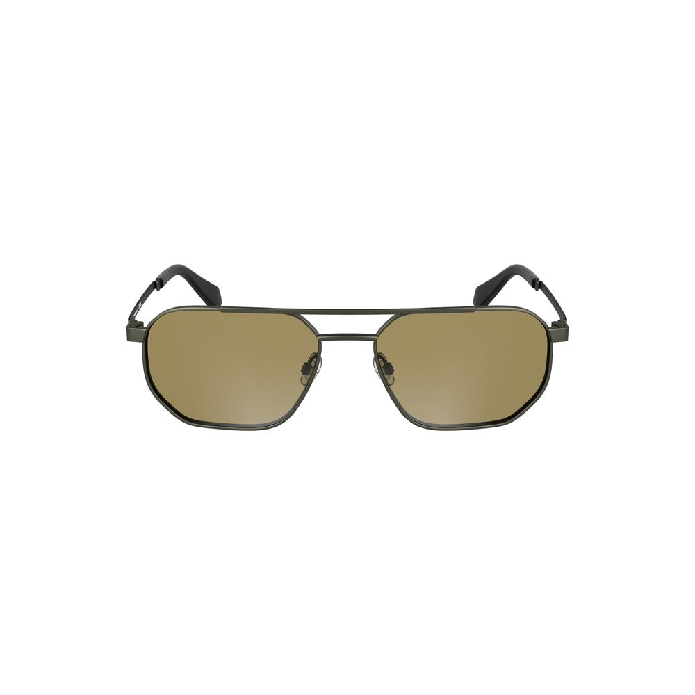 Calvin Klein bronze metal men's sunglasses with square lenses and brown tint, featuring a stylish and modern frame design.
