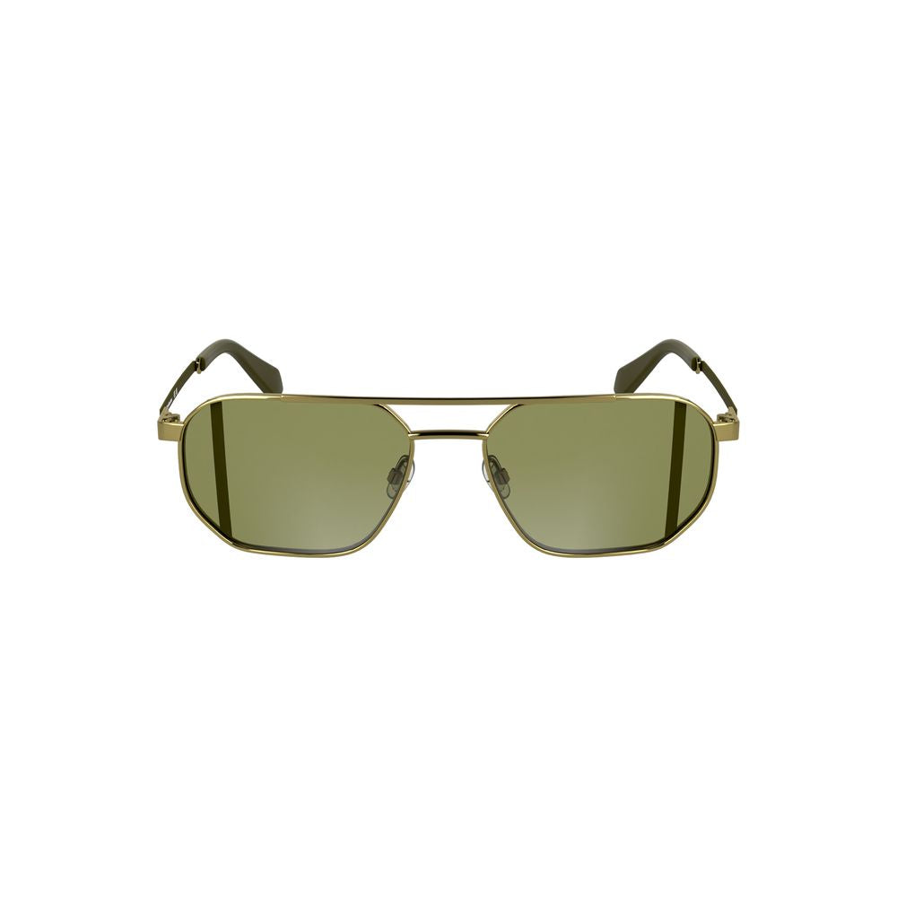 Calvin Klein gold metal sunglasses with square green lenses, exuding timeless design and contemporary flair.