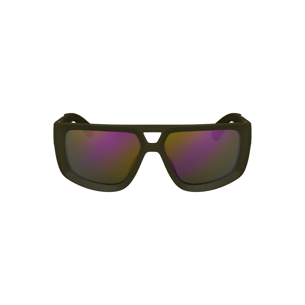 Calvin Klein green plastic men's sunglasses with bold square green lenses and durable injected frame, 60mm lens width, 14mm bridge.
