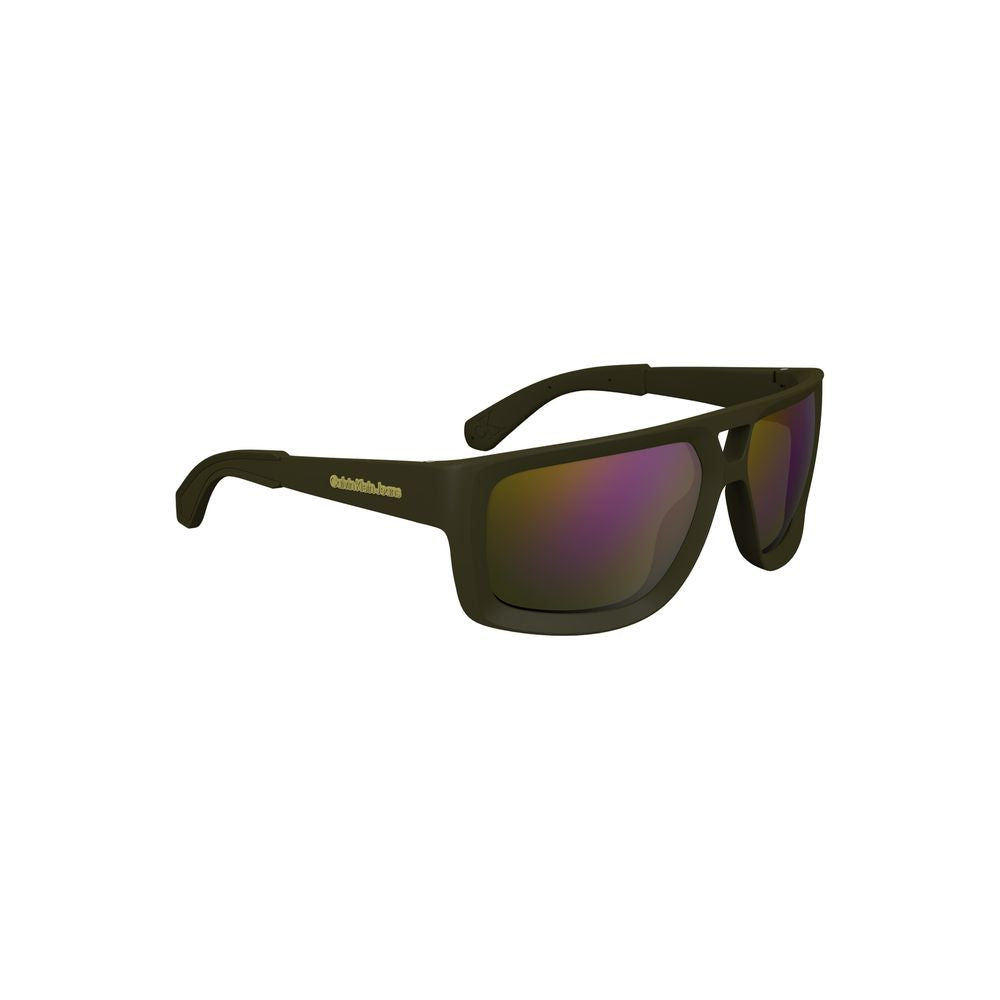 Calvin Klein green plastic men's sunglasses with bold square lenses, offering a stylish look and unique green tint for modern trendsetters.