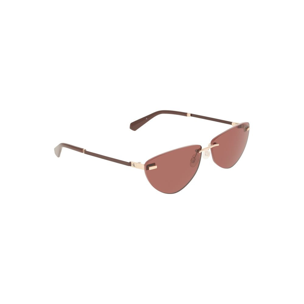 Calvin Klein pink metal women's sunglasses with drop shape and 63mm lenses, featuring lustrous frames and iconic design.